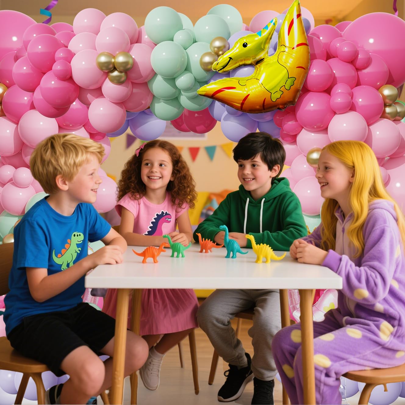 156Pcs Pink Dinosaur Balloon Garland Arch Kit, Pastel Pink Green Purple Metallic Gold Balloons, Large Dinosaur Foil Balloons for Girl Dino theme Birthday Party Jungle Baby Shower Decorations