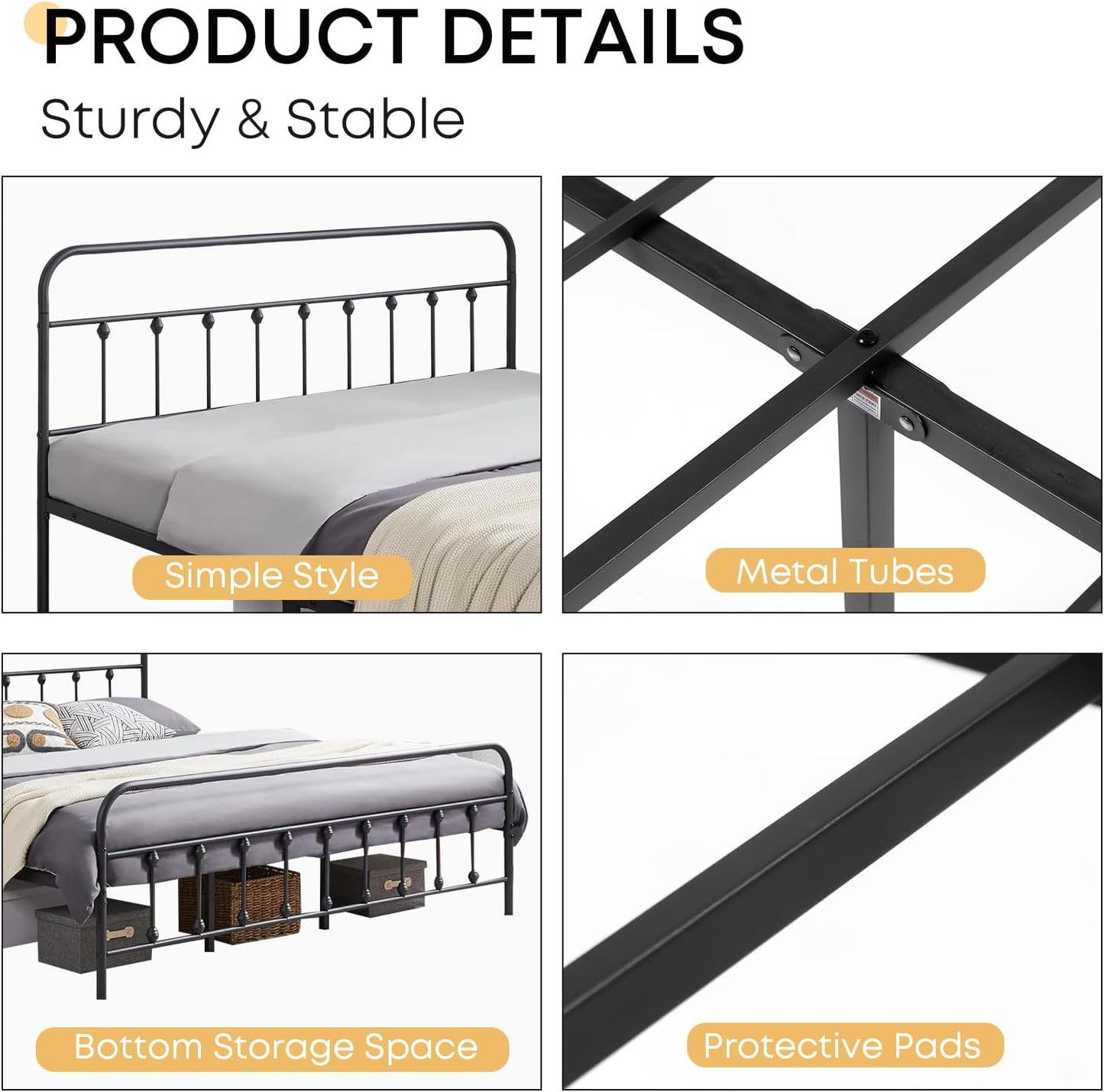 Full Size Bed Frame-Classic Metal Platform Bed Frame Mattress Foundation with Victorian Style Iron-Art Headboard/Footboard/Storage Space/No Box Spring Needed/Black