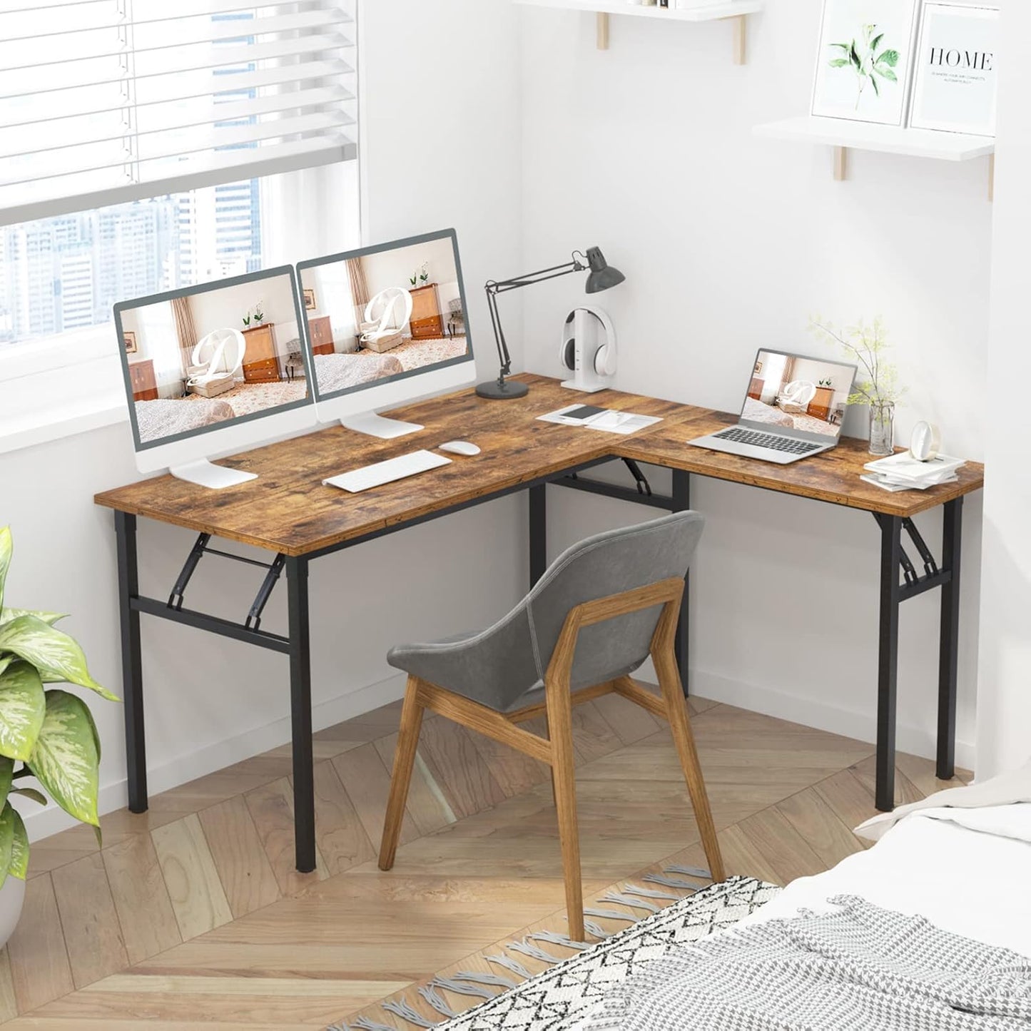 DlandHome Reversible L-Shaped Desk Large Corner Desk Folding Table Computer Desk Home Office Table Computer Workstation,Retro-N