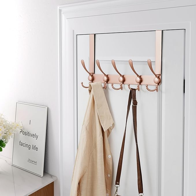 Dseap Over The Door Hook Hanger - 5 Tri Hooks, Heavy Duty Over The Door Towel Rack Coat Rack for Clothes Hat Towel, Rose Gold, Pack of 2