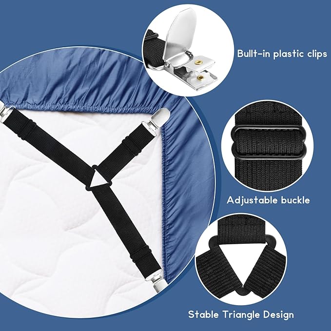 CHRORINE Bed Sheet Holder Straps Adjustable Sheet Fasteners Clips Keep Bedding Stays in Place, 2 Pcs/Set, Black