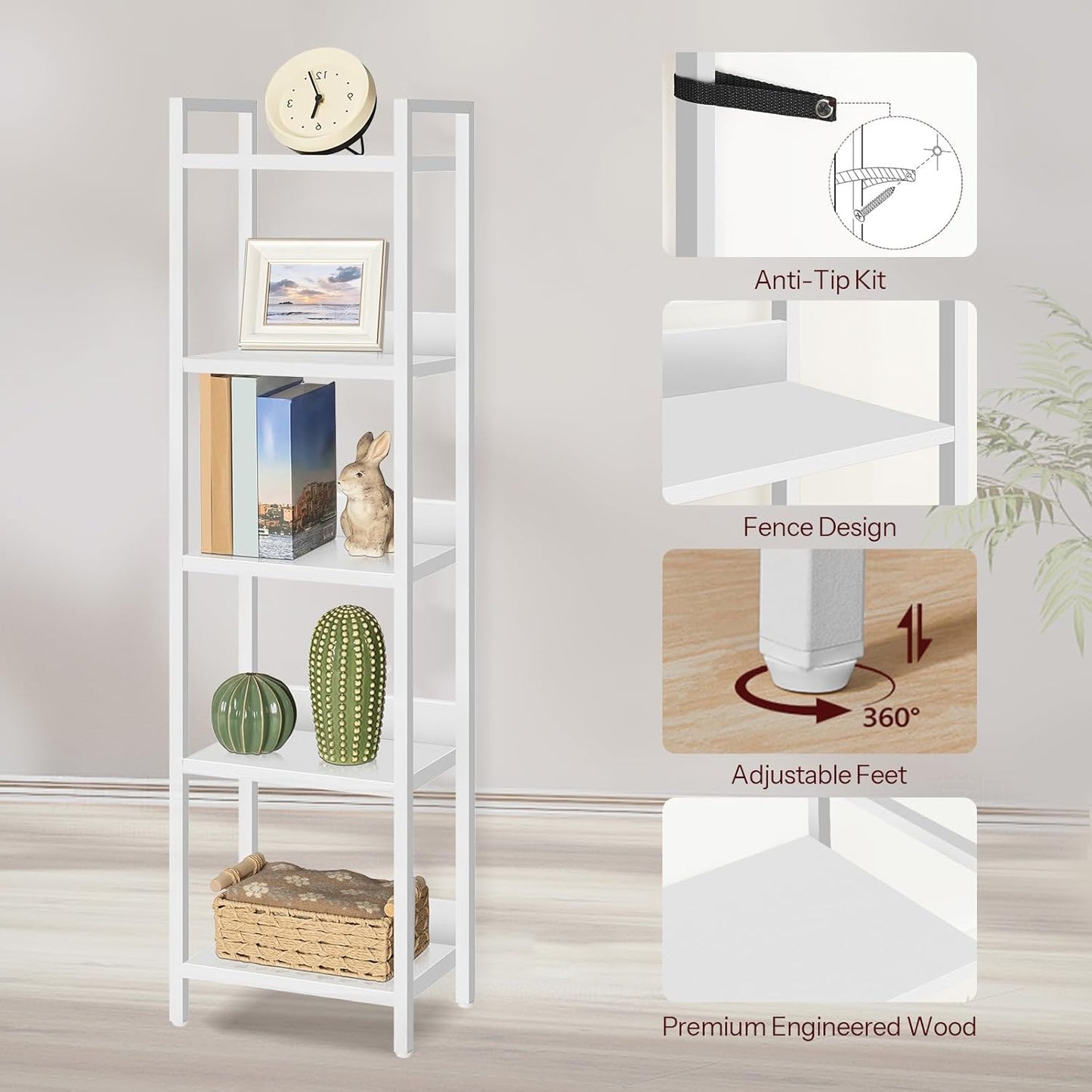 Bookshelf, 5-Tier Bookcase, Standing Book Shelf for Small Space, Storage Shelf Organizer, for Living Room, Bedroom, Study, Balcony, White BKBW5501