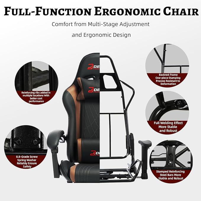 Ergonomic Gaming Chair with Footrest and Lumbar Massage, Racing Office Chair, High Back Computer Desk Chair with Headrest Pillow for Adults, Video Game Chair for PC Gamer (1001-Brown)