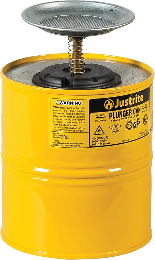 Justrite Plunger Can for Solvents, 1 Gallon Capacity, 10.5" x 7.25" Steel Push-Down Solvent Dispenser Can, Made in The USA Industrial Mechanic Tools, Yellow, 10318