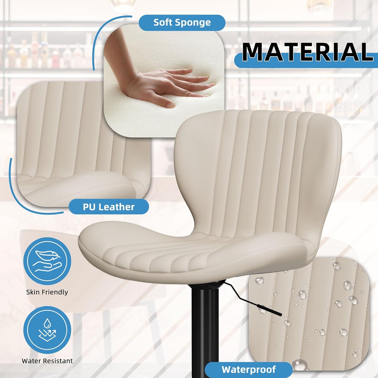 Shintenchi Bar Stools Set of 2 Modern Swivel Bar Chairs, Counter Height Faux Leather Metal Barstools, Upholstered Island Chairs with Back and Footrest, Beige