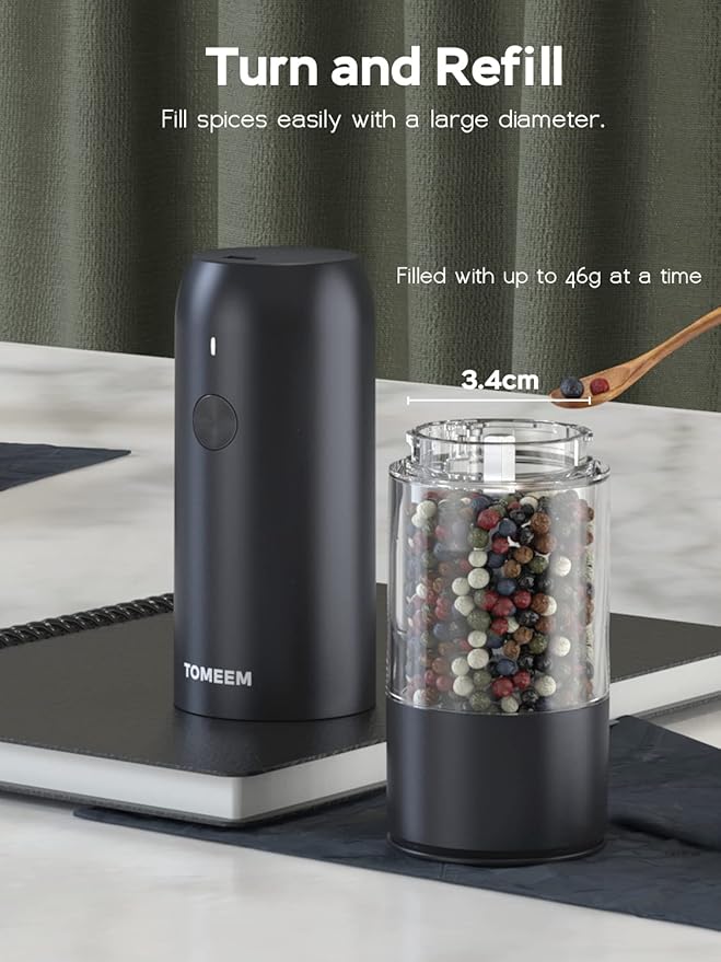 TOMEEM Electric Salt and Pepper Grinder Set with LED Lights – Rechargeable Automatic Pepper and Salt Mill with 6 Adjustable Coarseness for Kitchen, BBQ & Gifts