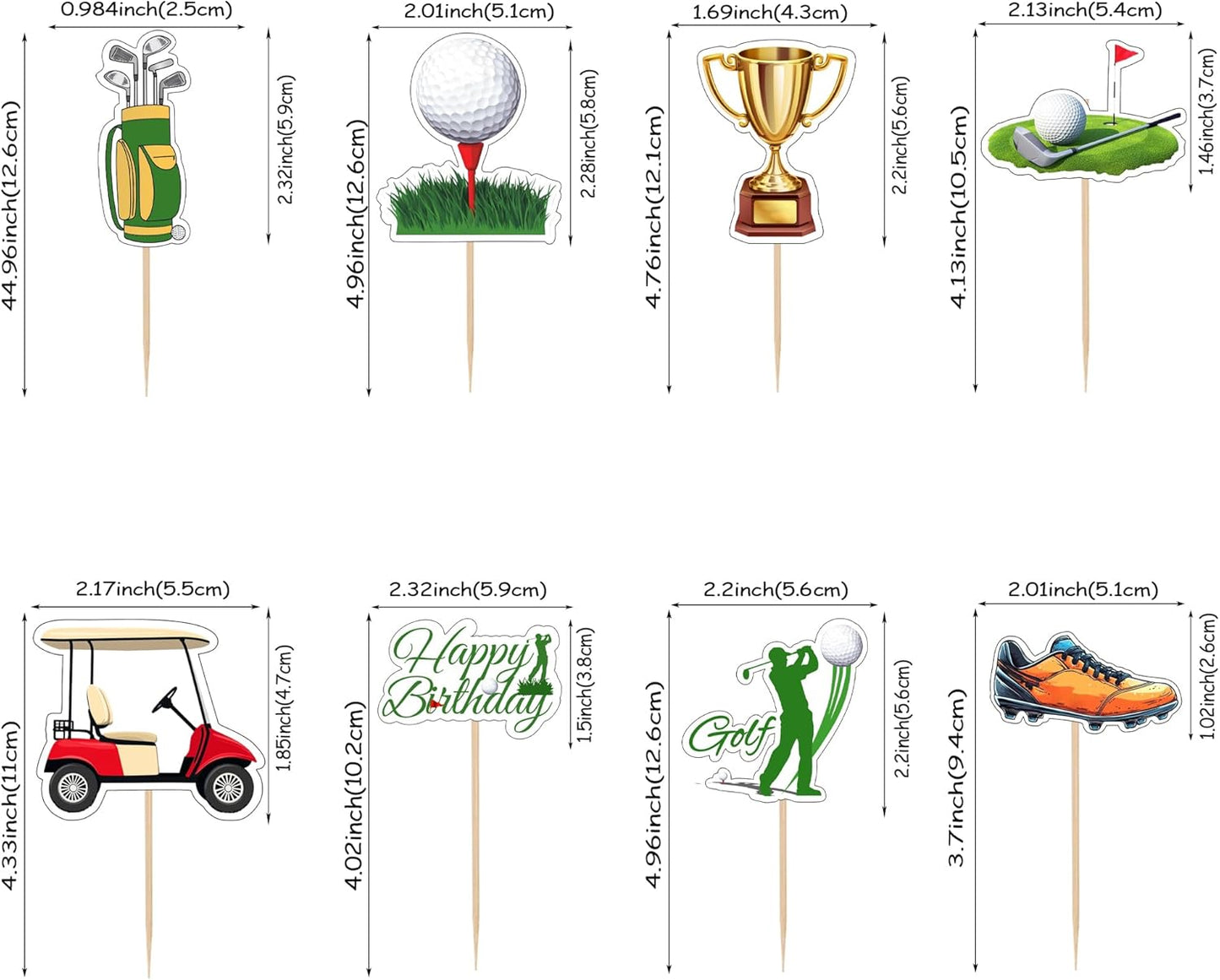 32 PCS Golf Cupcake Toppers Double Sided Trophy Golf Shoes Lawn Bag Ball Carts Cupcake Picks Sports Birthday Decorations for Sports Player Theme Baby Shower Kids Birthday Party Decoration Supplies