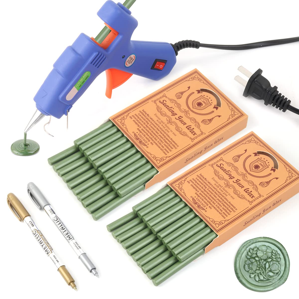 Wax Seal Kits, Wasole 40Pcs Pine Green Sealing Wax Sticks with Glue Gun + 2Pcs Wax Seal Pens for Wax Seal Stamp, Great for Wedding Invitations, Birthday Cards, Envelopes, Gift Wrapping