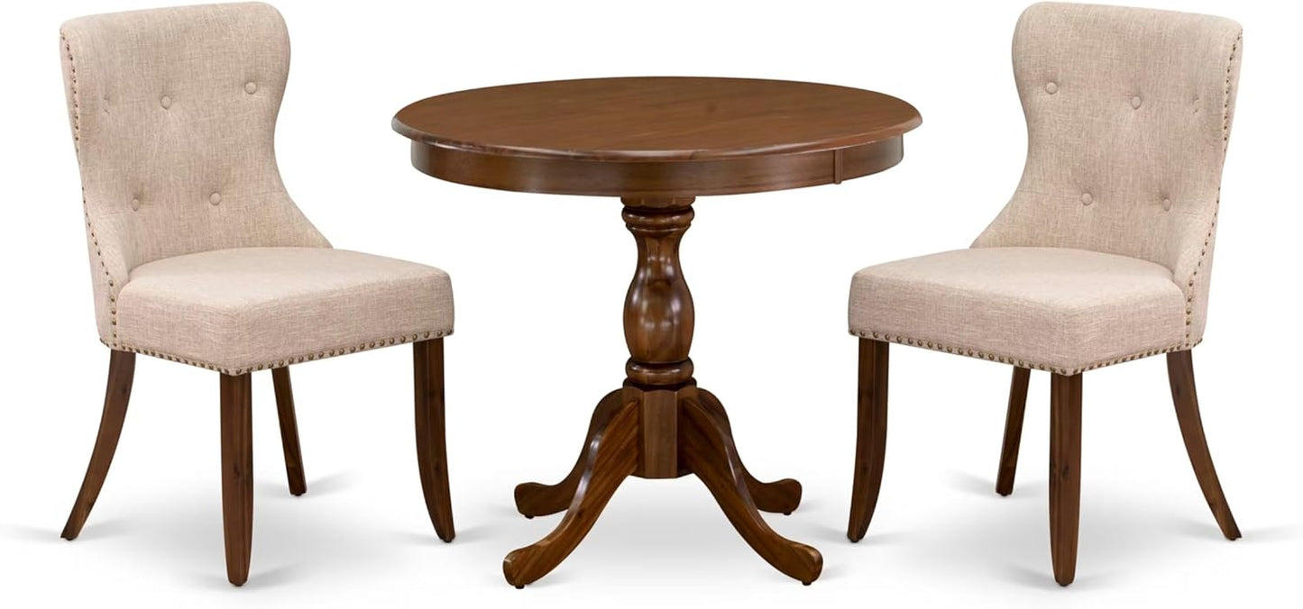 East West Furniture AMSI3-AWA-04 3 Piece Dining Set for Small Spaces Contains a Round Kitchen Table with Pedestal and 2 Light Tan Linen Fabric Parson Chairs, 36x36 Inch, Walnut