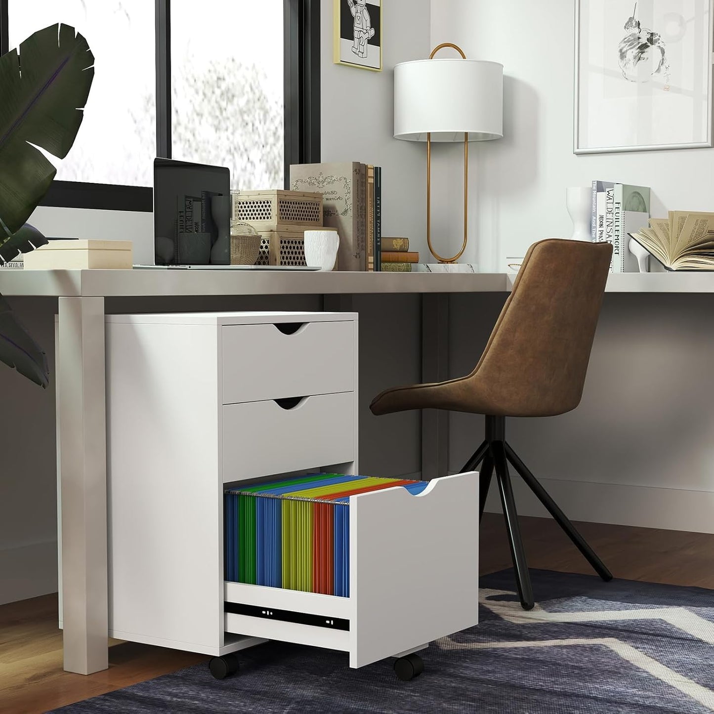 HollyHOME 3-Drawer Wood File Cabinet, Under Desk Cabinet for Home Office, Rolling Storage Shelf for Home, Printer Stand, for A4, Letter-Size, 11.8in Hanging File Folders, White