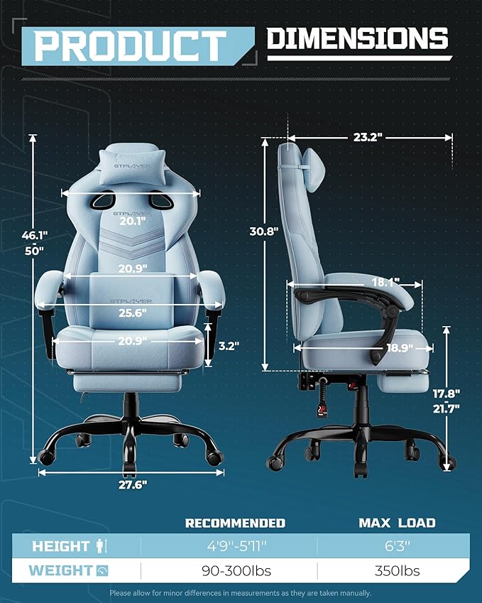 GTPLAYER Gaming Chair, Computer Chair with Footrest and Lumbar Support for Adults, 360°-Swivel Big & Tall Reclining Seat for Office or Gaming (Blue)