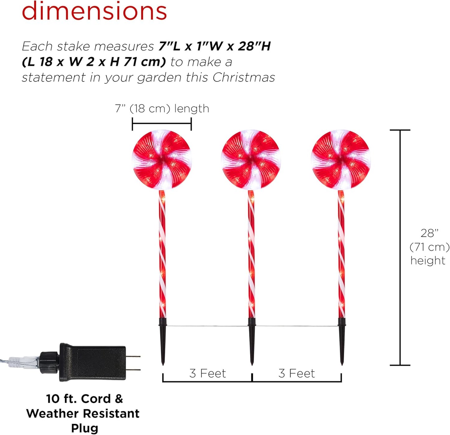 Alpine Corporation | 28" H Outdoor Candy Cane Pathway Christmas Stakes — Set of 3 with Multi-Function Red & White LED Lights — Festive Holiday Yard Decor