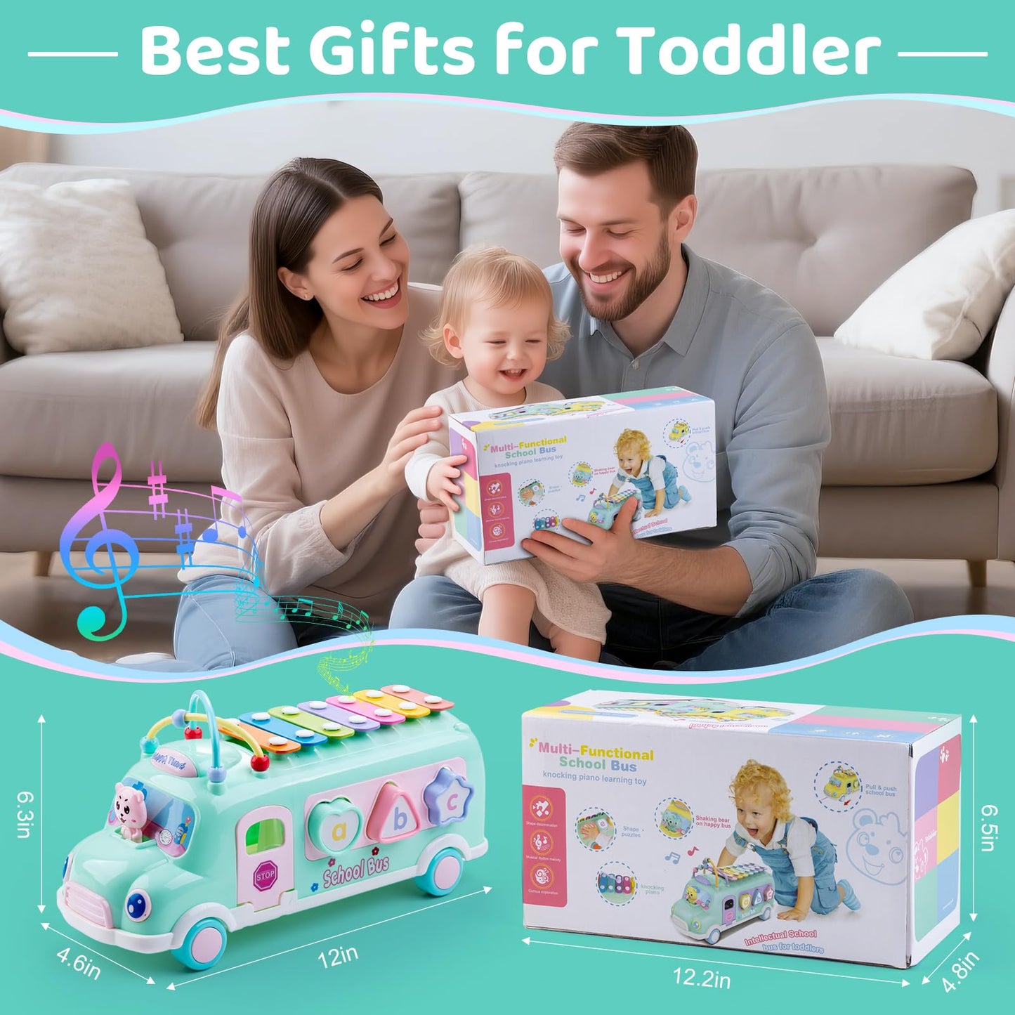 5-in-1 Baby School Bus Xylophone Toys for 1 Year Old Girl Gifts, Educational Baby Toy 6-12-18 Month, 1st Birthday Gril Gift, Toddlers Montessori Musical Baby Bus with Shape Sorter & Knock Hammer