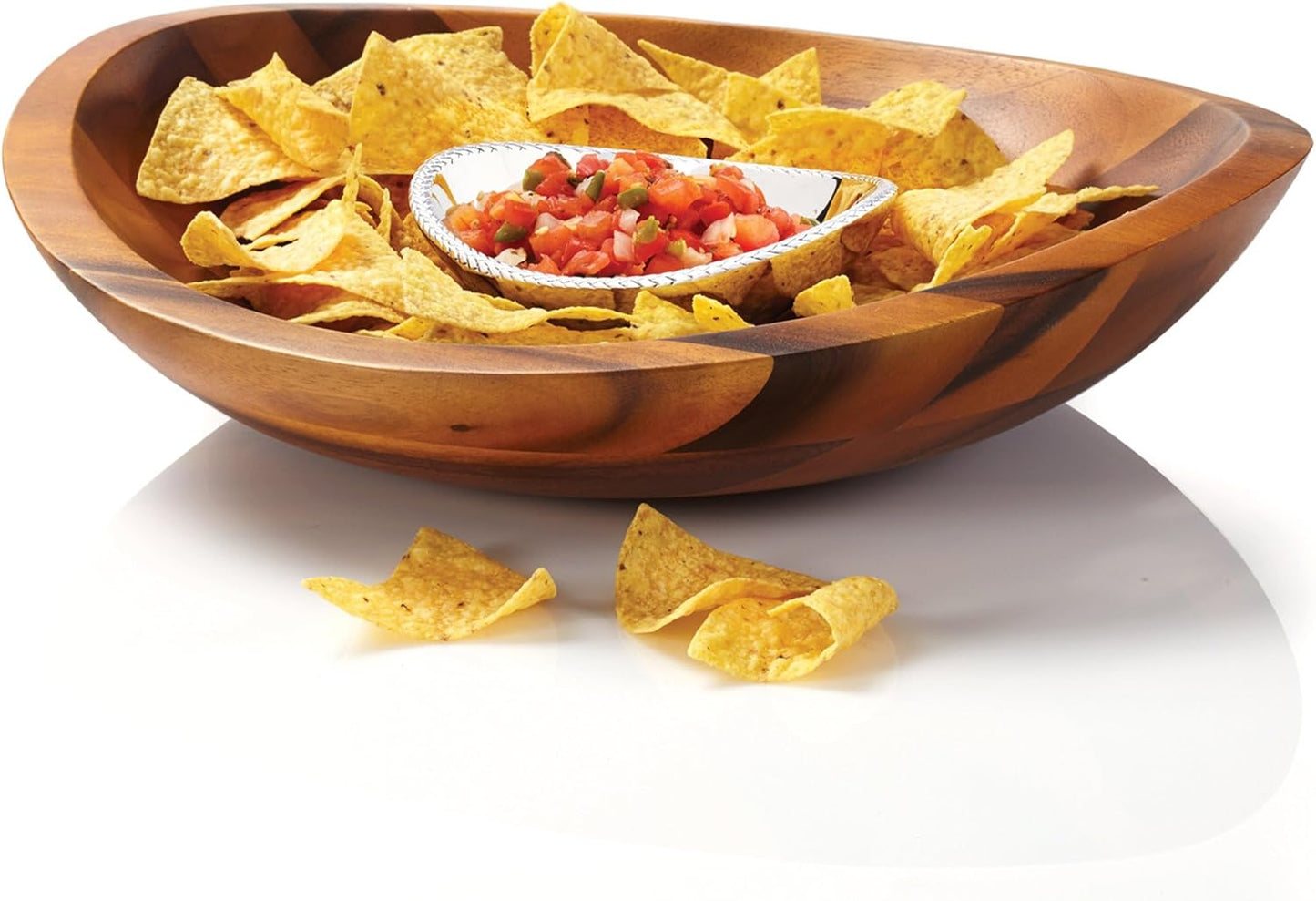 Nambe Braid Chip & Dip Server, 16-Inch - Modern Scandinavian Entertaining Bowl with Removable Alloy Dip Dish, Acacia Wood Serving Tray with Sculpted Braid Detailing - Salsa & Fruit Entertaining Bowl