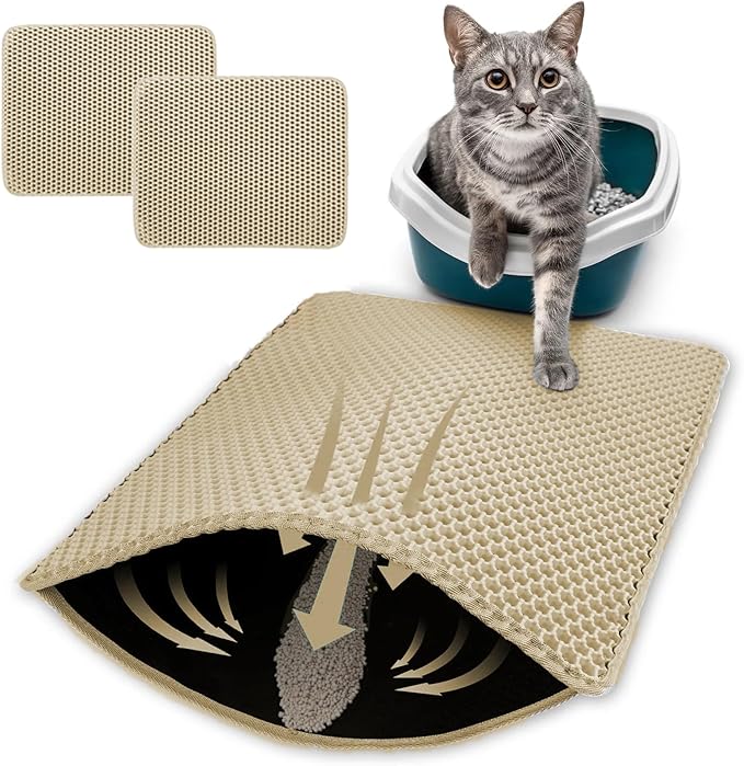 HCY&WLD 2-Pack Cat Litter Mat, Double Layer Honeycomb Waterproof Urine Proof Non-Slip Litter Trapping Mat, Less Waste, Easy to Clean Cat Litter Box Mat, Kitty Indoor Supplies (Khaki, 24x18 Inches)