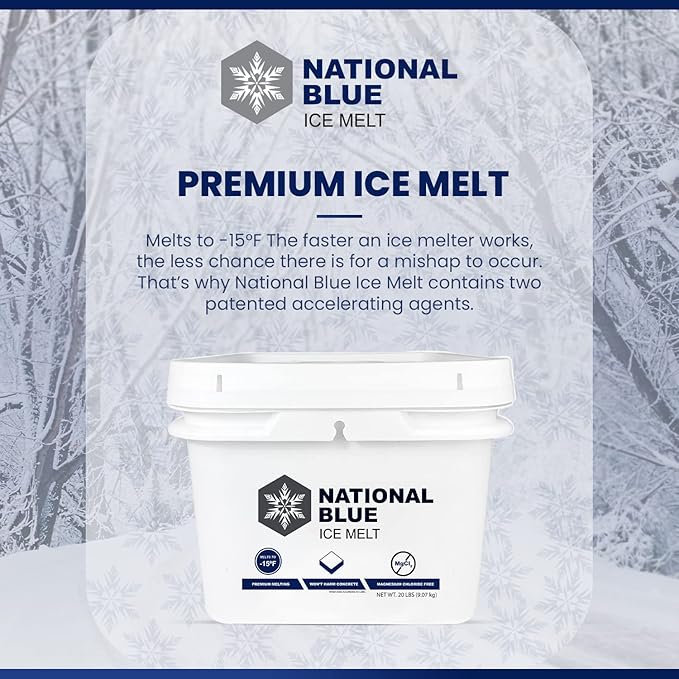 National Blue Ice Melt and Snow Salt 20lb Bucket - Fast Acting Ice Melter - Pet, Plant and Concrete Friendly, Environmentally Safe - Free of Magnesium Chloride - Melts to -15°F