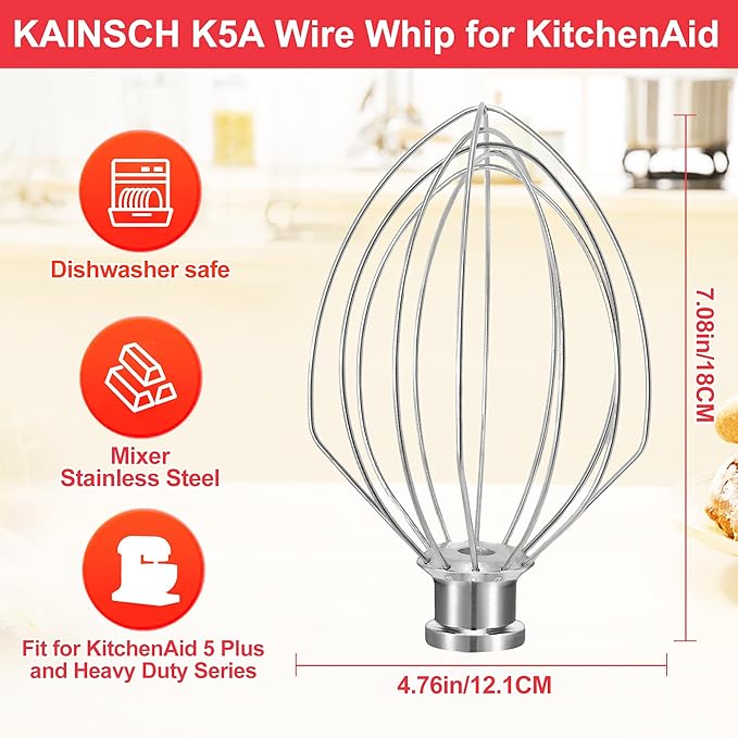 K5A Stainless Steel Whisk for KitchenAid 5Qt Bowl Lift Stand Mixer, 6 Wire Whip Attachment for K4 K5 K5SS, KSM5, KG25, KP50, KSM6573, KSM6521,18/8 Stainless Steel, Heavy Duty, Dishwasher Safe