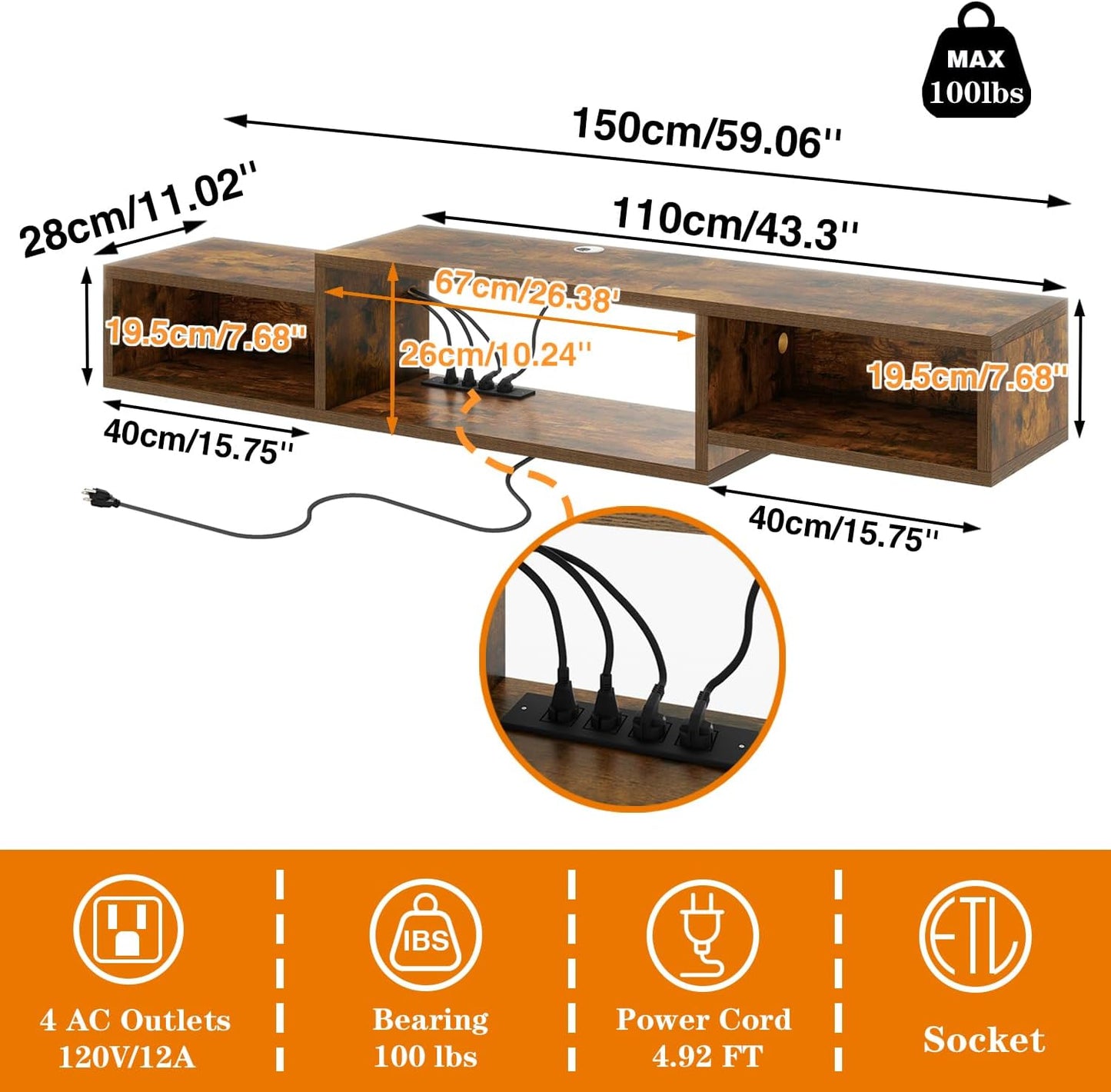 IBUYKE 59" Floating TV Stand Wall Mounted with Power Outlet,Wood Wall Mounted Media Console Shelf,Floating Entertainment Center for Under TV Storage for Living Room Bedroom Office,Rustic Brown WST007H