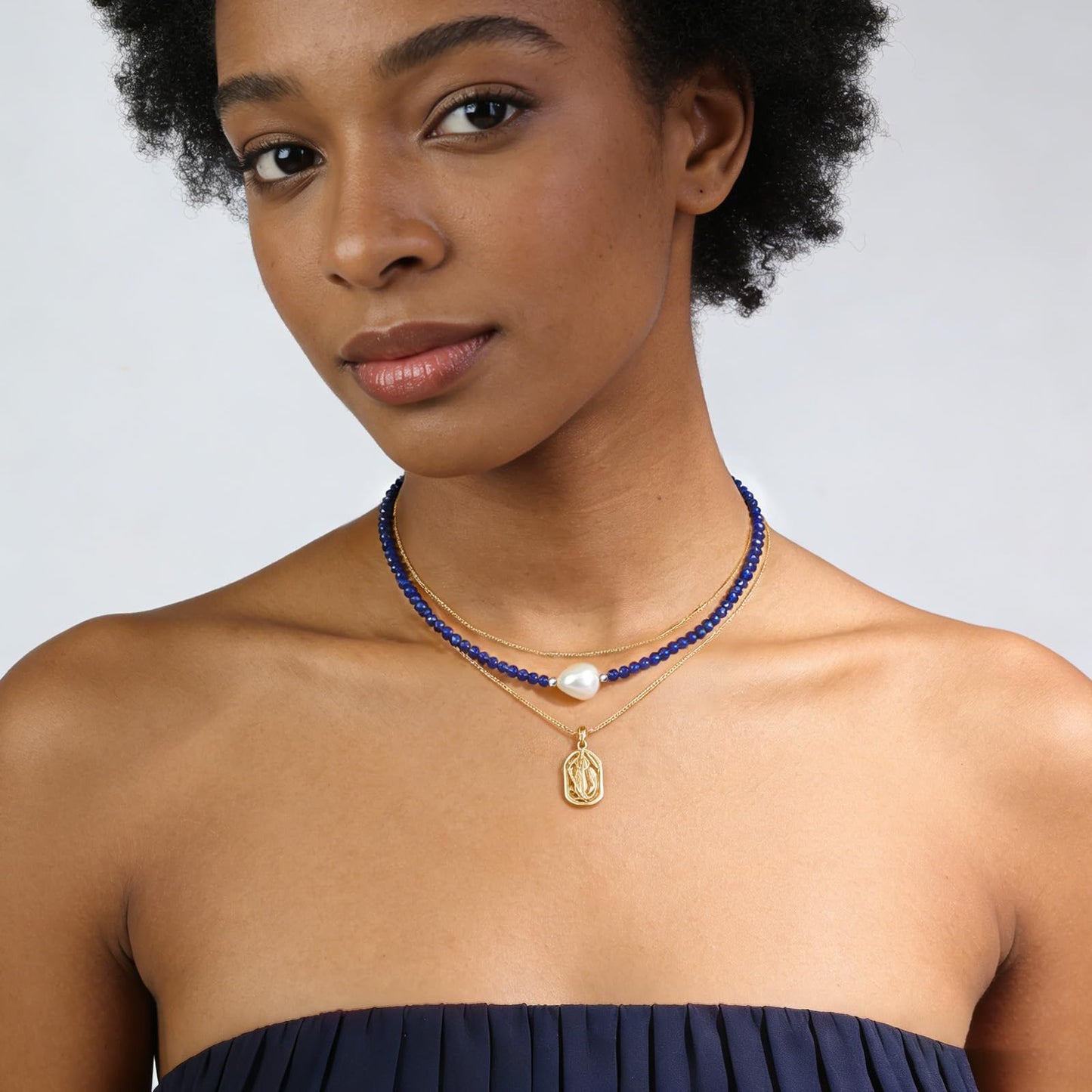 Pearl Necklaces for Women, Single Pearl Necklace Natural Gemstone Bead Choker Lapis Lazuli Necklace Dainty Pearl Beaded Necklace Handmade Jewelry Christmas Gift Birthday Anniversary 18 inch