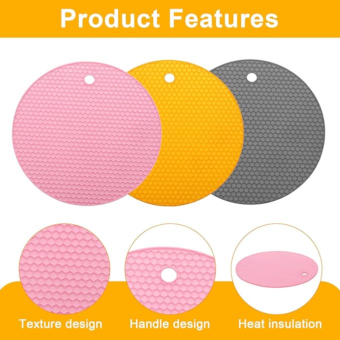 uxcell 3pcs Silicone Jar Opener Pads, 17.5cm/7" Texture Can Opener Multipurpose Round Bottle Lid Opener Non-Slip Coasters for Weak Hands Seniors Children, Pink, Orange, Gray