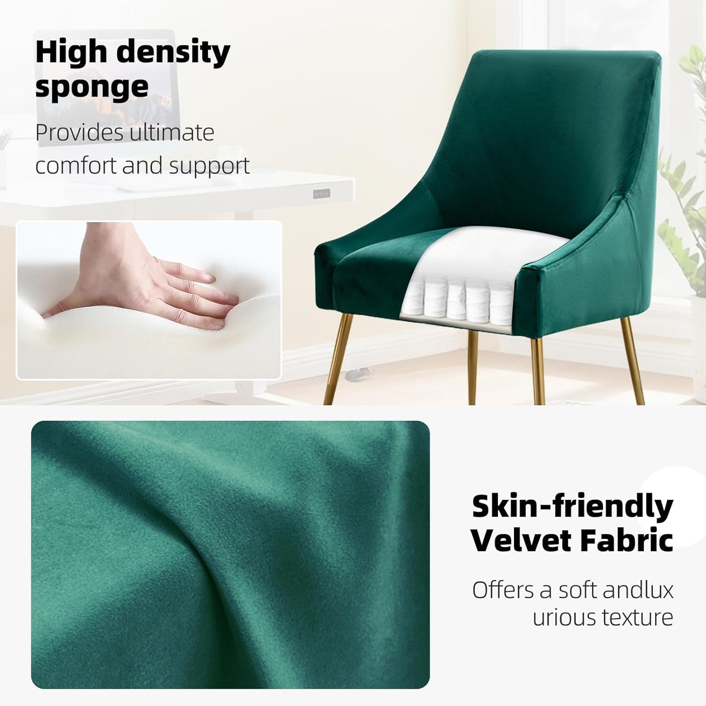 Velvet Dining Chairs, Furniture Collection Modern Contemporary Upholstered with Polished Gold Metal Legs, Set of 6(Green)