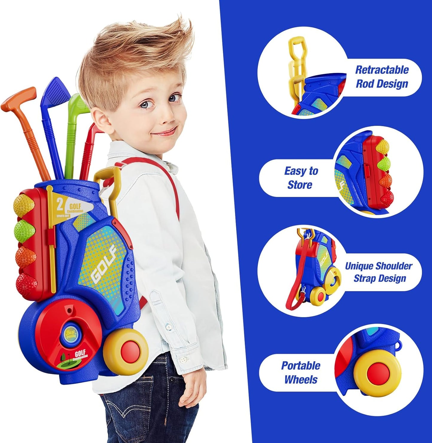 Toddler Golf Set 2-4 Years, Upgraded Kids Plastic Golf Clubs with 12 Balls, Putting Mat, Shoulder Strap, Indoor Outdoor Game Sport Toys Gift for Baby Boys Girls Age 3-5, Blue