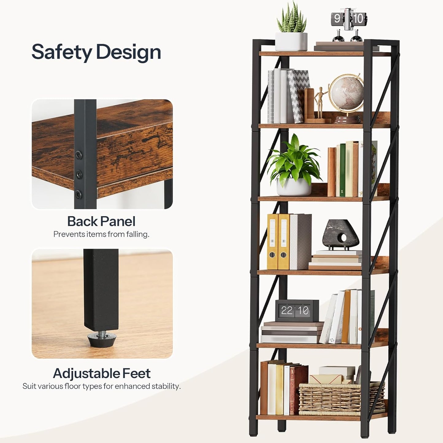 HOOBRO Bookshelf, 6-Tier Industrial Bookcase, Book Shelf Storage Organizer, Tall Bookshelf with Metal Frame for Living Room, Bedroom, Home Office, Kitchen, Rustic Brown and Black BF72SJ01