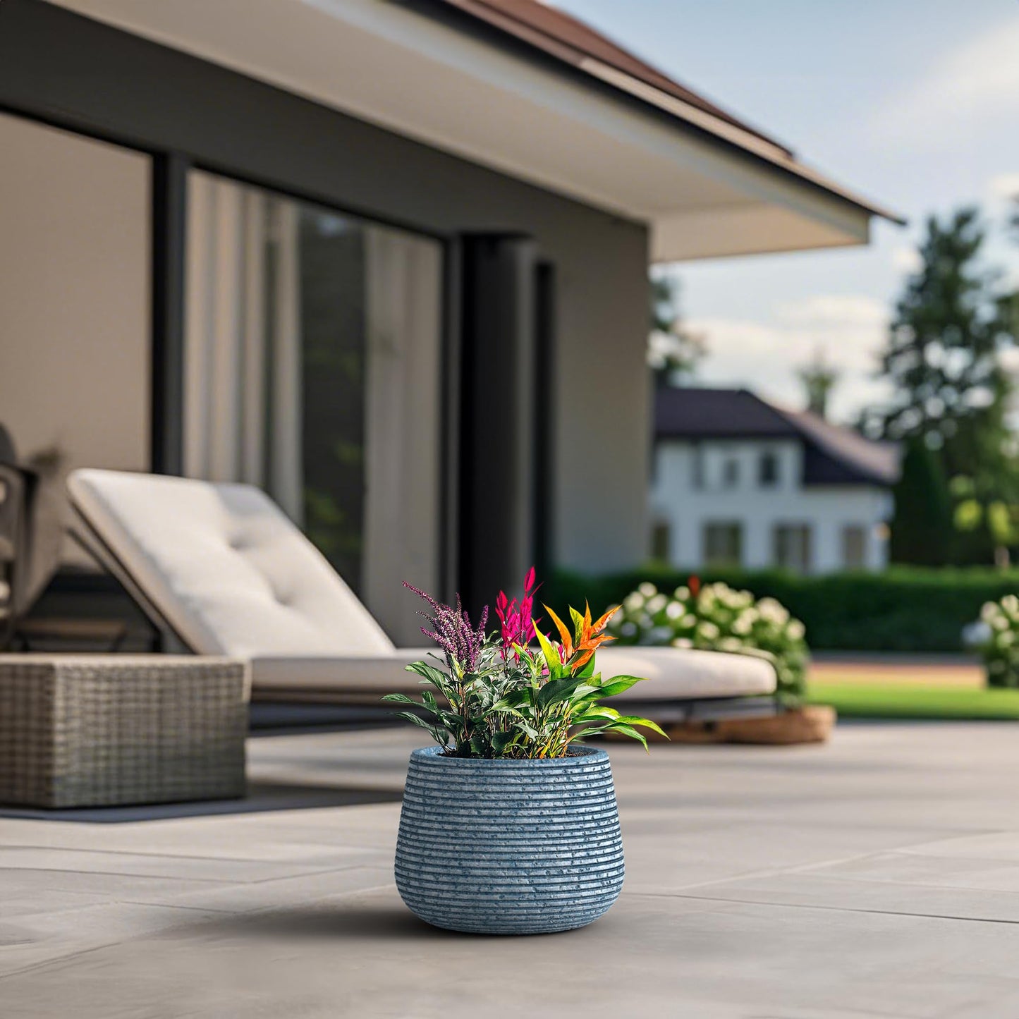 Humid Jade Round Concrete Planter, 12.5 Inch Dia Mineral-Toned Surface Plant Pot with Drainage Hole and Plug, Ideal for Succulents, Flowers and Trees for Porch, Patio or Home, Celestial Blue Vein