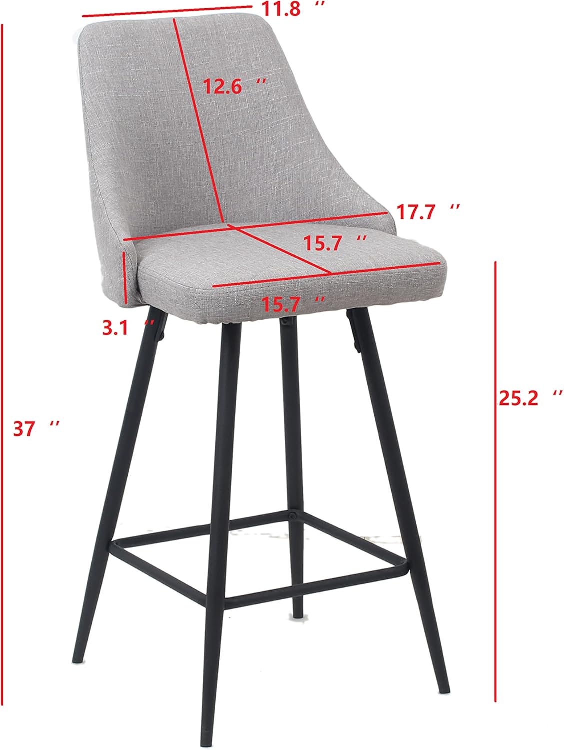 BTEXPERT Set of 2 Pack, Premium upholstered Dining 25" Seat Height High Back Bar Stool Chairs, Gray Polyester