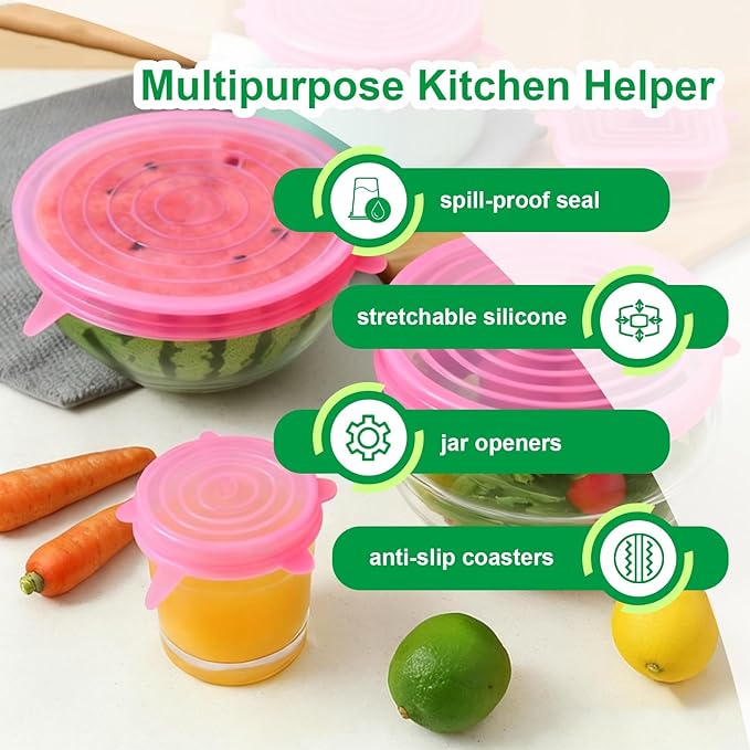Silicone Stretch Lids – 6 Pack Reusable Food Covers,Flexible Silicone for Bowls, Containers, Fruits – Airtight & Leakproof Seal for Kitchen Storage(pink)