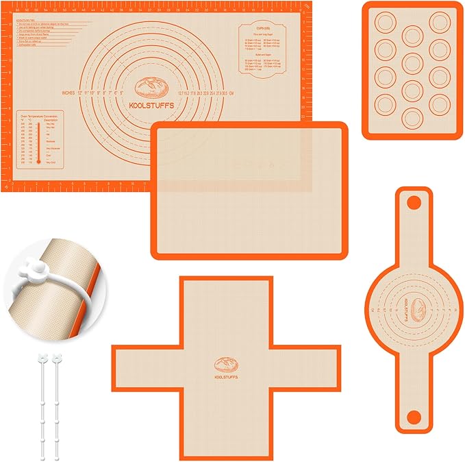 Silicone Baking Mat Set of 5, Nonstick Reusable Pastry Mat, Silicone Bread Sling & Loaf Pan Liners for Bread, Macaron Baking Mat for Cookie, Macarons