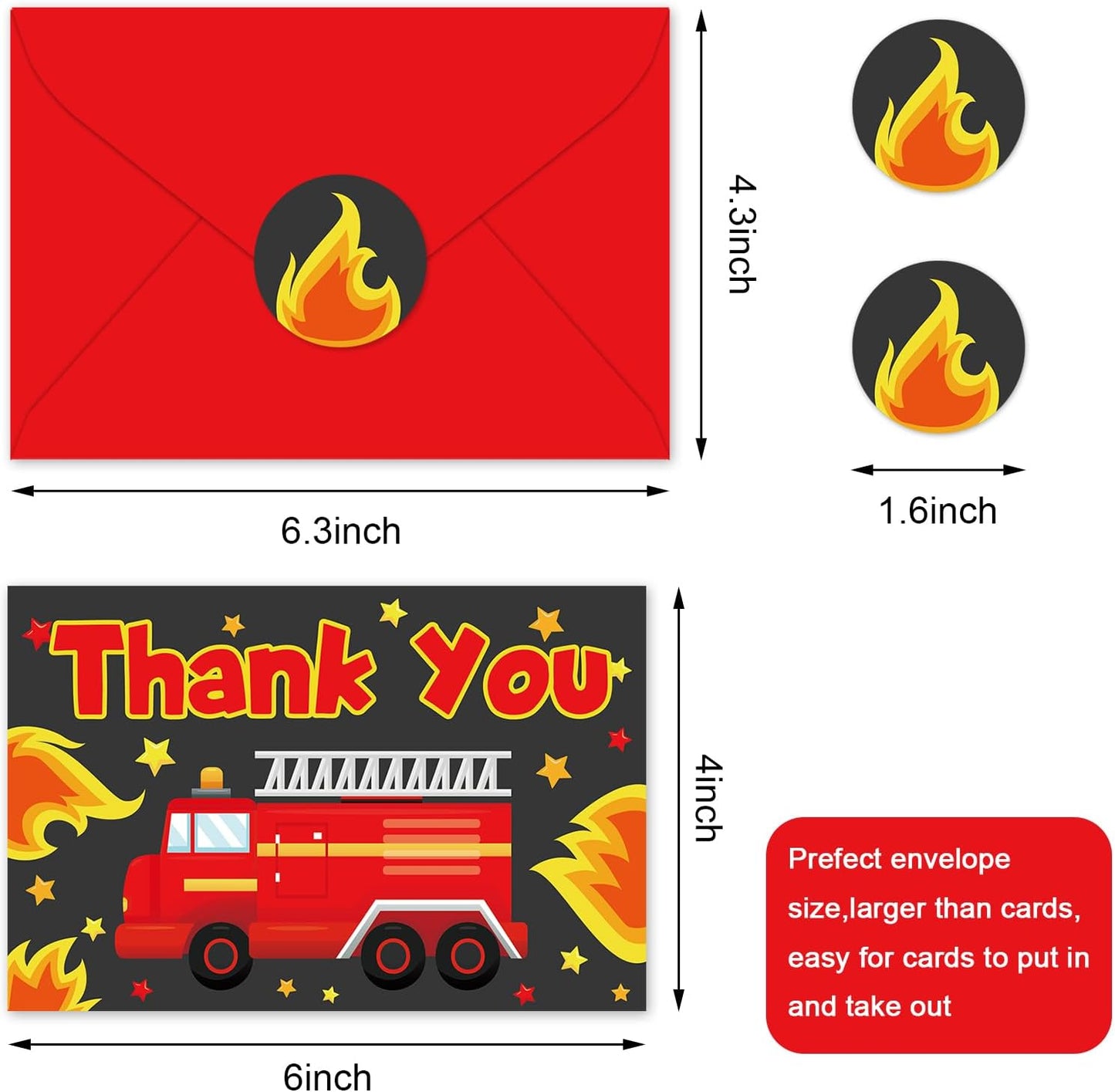Whaline 24Pcs Firetruck Thank You Cards with Envelopes and Stickers Red Black Fire Hydrant Star Greeting Card Blank Note Card for Fireman Party Supplies