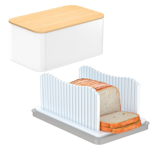 CAWIU Bread Slicer for Homemade with Box, Foldable Bread Cutter with Crumb Tray, Adjustable Width Bread Slicing Guide for Loafs, Sandwiches, Bagels, and Cakes