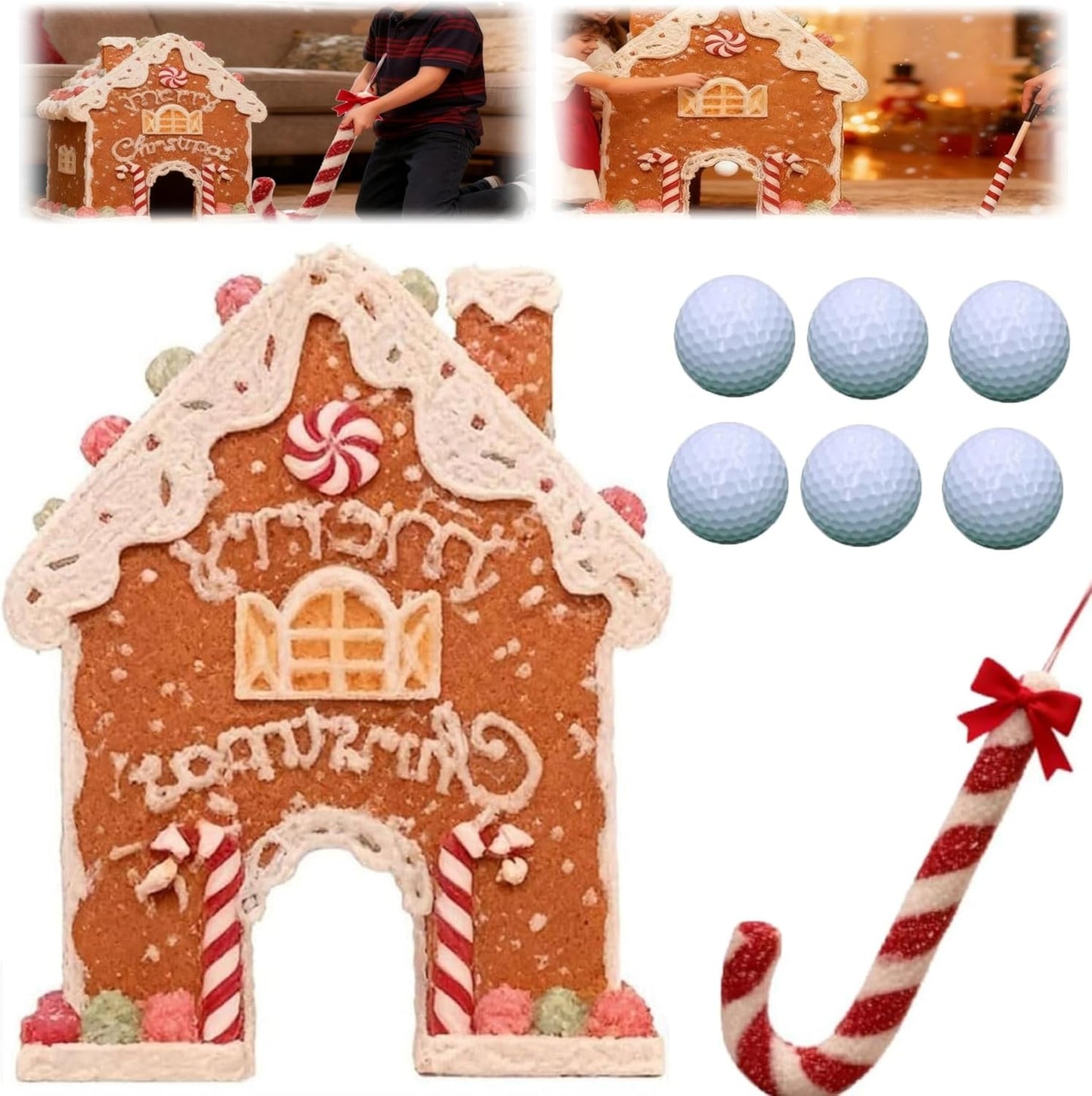 Gingerbread Golf Game Set, Christmas Mini-Golf Course,Portable Mini Golf Course Set,Christmas Indoor Golf Toy with Candy Cane Clubs and Gingerbread House Target (6PCS Ball)