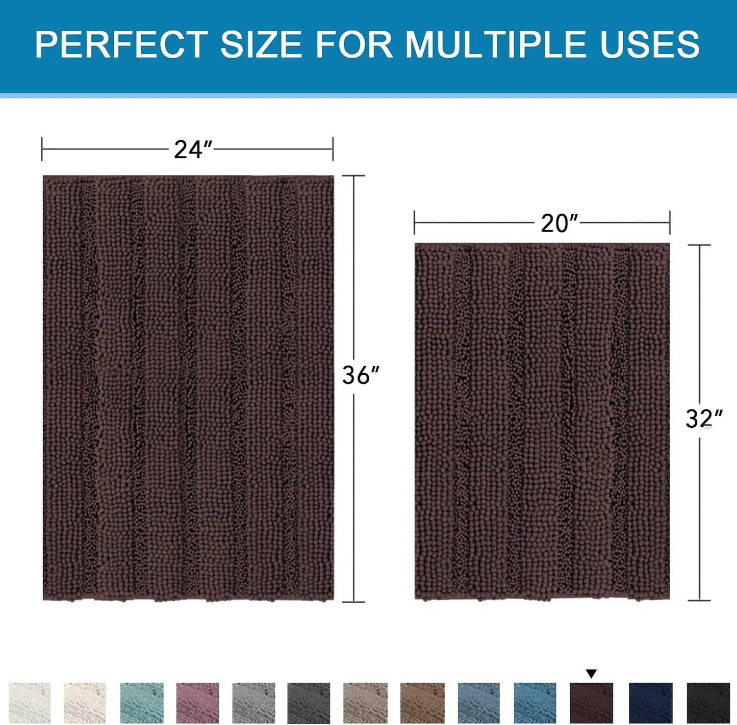 H.VERSAILTEX 2 Piece Bathroom Set - Super Absorbent Chenille Striped Bath Mats - Non Skid, Machine Washable - Chocolate, 24 x 36 Plus 20 x 32 Inches