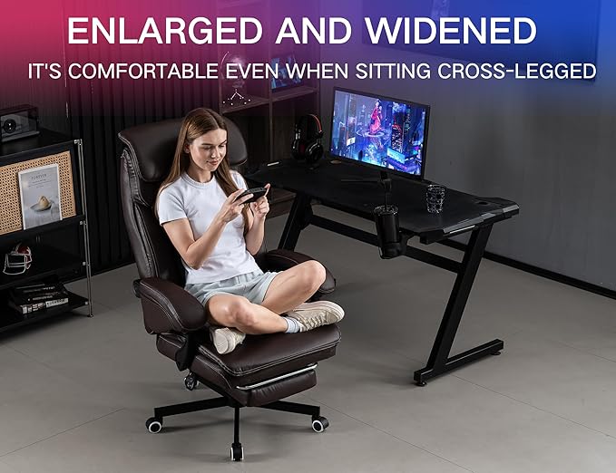 Big and Tall Gaming Chair 400lbs Heavy Duty Office Chair with Foot Rest & Lumbar Support, Ergonomic Wide Comfy Seated Cushion for for Gaming Room,Office Room, Brown