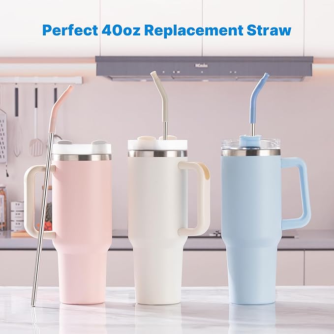 2 Pcs Stainless Steel Straws for 40 oz Stanley Tumbler, Replacement 40 oz Stanley Cup Straw Accessories with Silicone Tips and Cleaning Brush (Light Green)