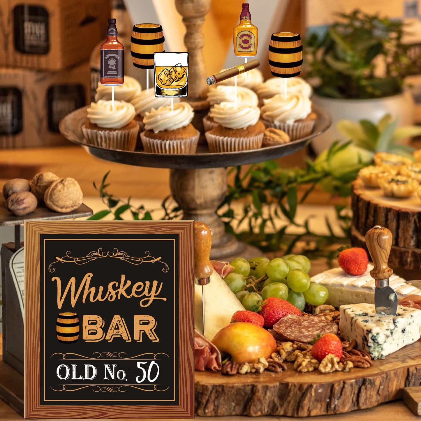 Whiskey Bar Decoration Kit, DIY Whiskey Bar Sign Aged to Perfection Party Sign Cake Toppers for Men 30th 40th 50th Birthday Decorations Aged to Perfection Party Supplies