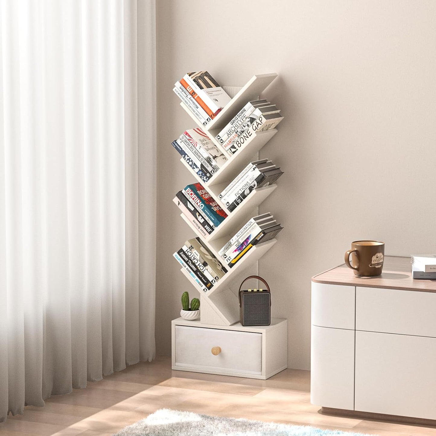 8 Tier Tree Bookshelf with Drawer, Free Standing Wood Bookcase for Narrow Space, Storage Organizer Bookshelves for Books, Book Case for Home Office, Living Room, Bedroom - Sweet White
