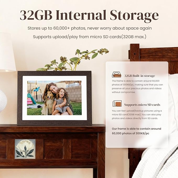 10.1'' Frameo Digital Picture Frame, 32GB WiFi Digital Photo Frame, 1280x800 IPS Touch Screen, Auto-Rotate, Slideshow, Send Photos/Videos via Free App(Black Wood Frame)