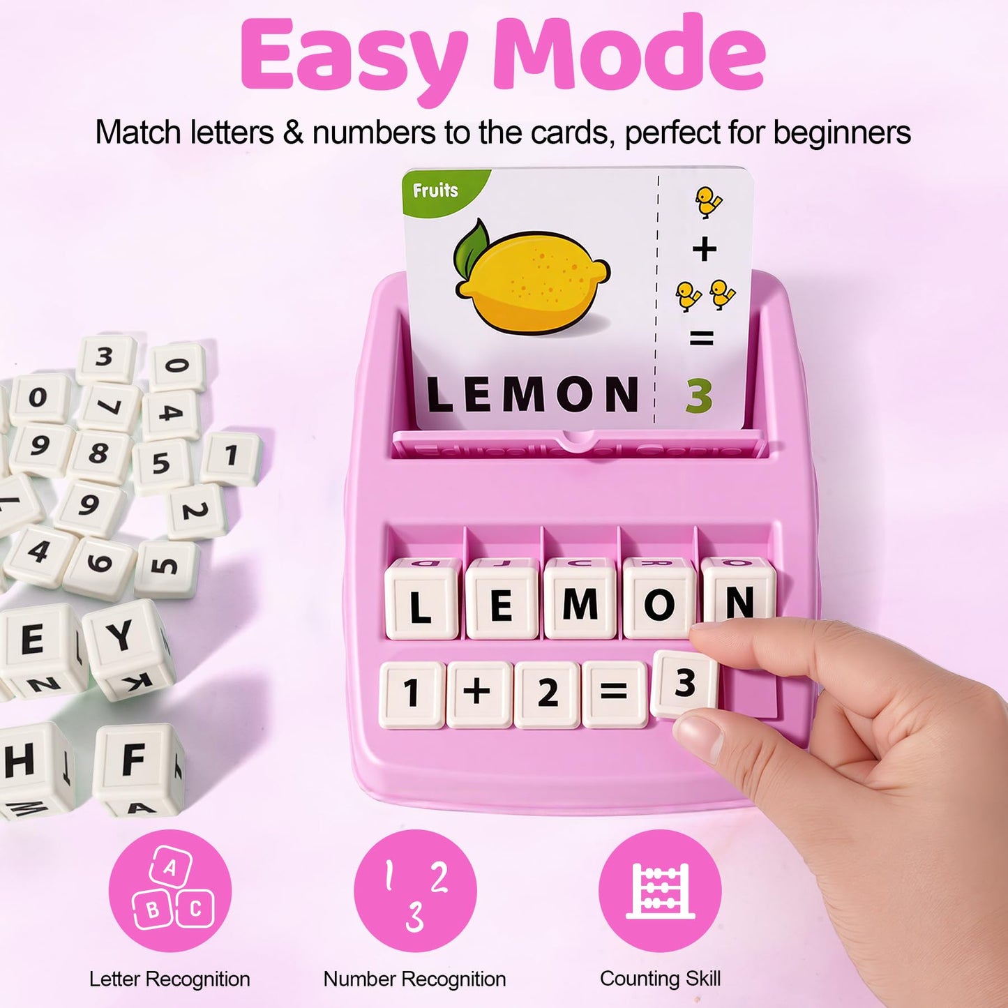 ACGROW Educational & Learning Toys for Kids, 3-8 Years Old Matching Games with Letter & Math Flash Cards, Christmas Birthday Gifts for Preschool Boys Girls Grandkids- Pink