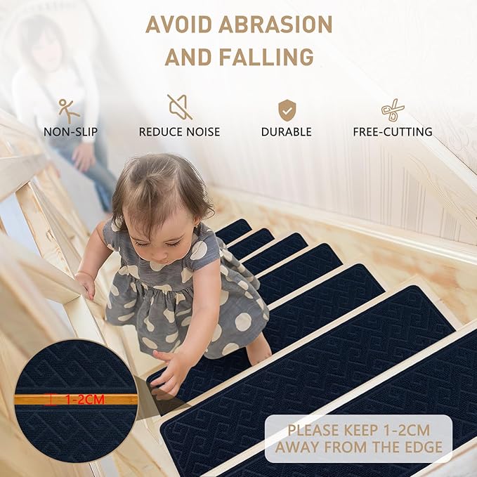 Stair Treads for Wooden Steps, 8" X 30" Non Slip Stair Runner Carpet Indoor with Reusable Adhesive Backing, Soft Tread Mat for Stairs, Polyester TPR Backing Stair Rugs-Navy Blue 15 Pack