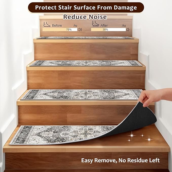 OJIA Stair Treads Non Slip for Wooden Steps Indoor 15PCS Carpet Stair Treads, Rubber Backing Stair Carpet Treads, Residue Free 8"x30" Staircase Step Treads Edging Stair Rugs for Kids & Pets, Gray