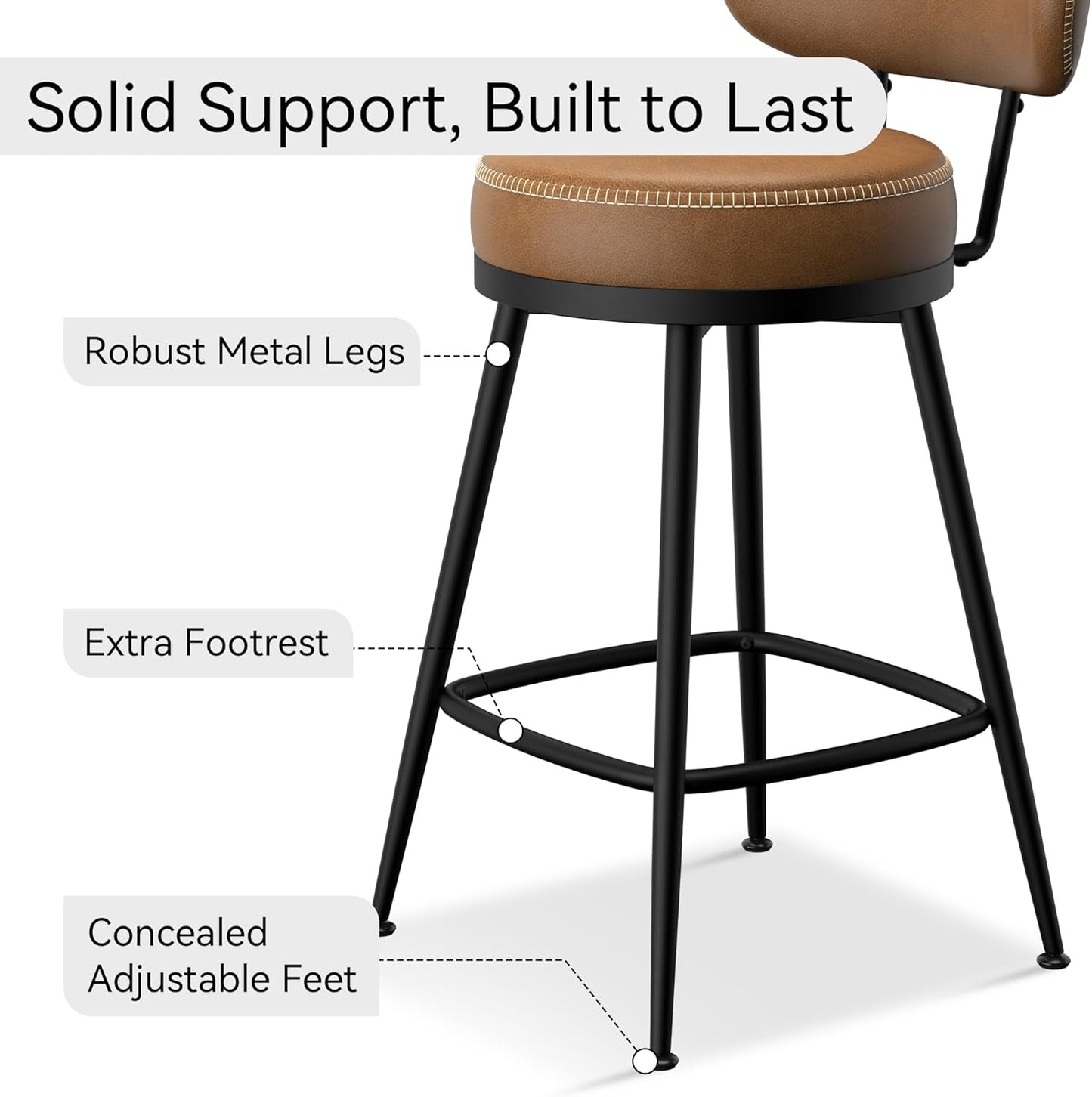 Counter Height Bar Stools, 26" H Swivel Barstools Set of 8, Faux Leather Kitchen Counter Stools with Back and Stylish Stitching, Metal Frame, Pub, Home Bar, Whisky Brown