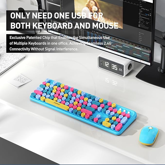 FOPETT 2.4GHz Wireless Keyboard and Mouse Set with Switch Button - Full-Size Keyboard - Compatible for Windows/Laptop/PC/Notebook/Smart TV and More - Blue Colorful