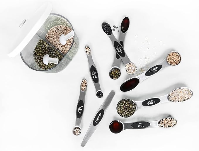 Magnetic Measuring Spoons Set with Leveler, Stackable Stainless Steel Tablespoons for Baking, Fits in Spice Jars