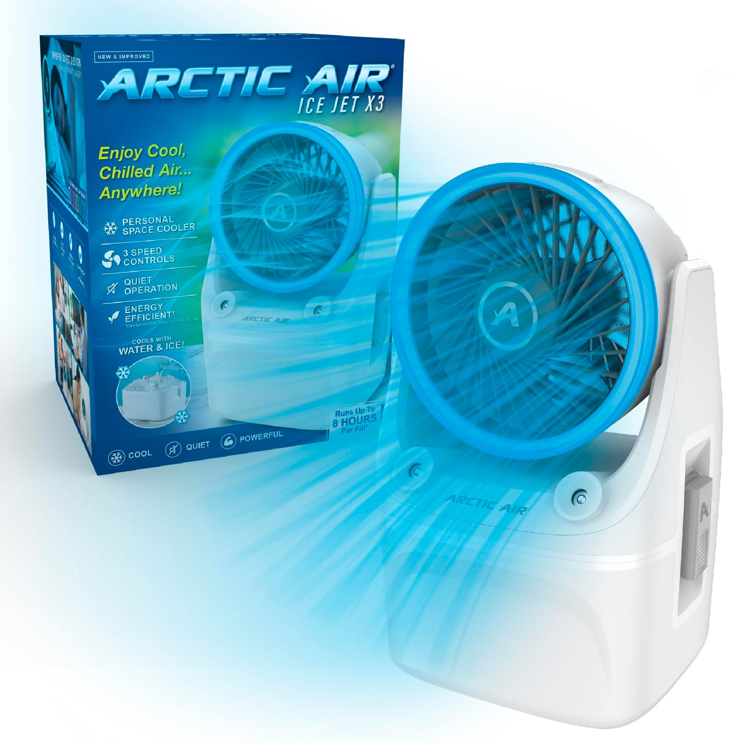 Arctic Air Ice Jet X3 Portable Air Cooler,Dual Mist Modes, Up to 8-Hour Cooling Time, 3-Speed Portable Cooler with Adjustable Ai