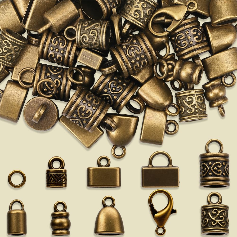 SUNNYCLUE 1 Box 230pcs Cord End Caps Kit Kumihimo Ends Alloy Metal Tibetan Style Antique Bronze Tassel Glue in Crimp Leather End Caps for Jewelry Making Kit Bracelet Kumihimo Supplies Gifts Craftings