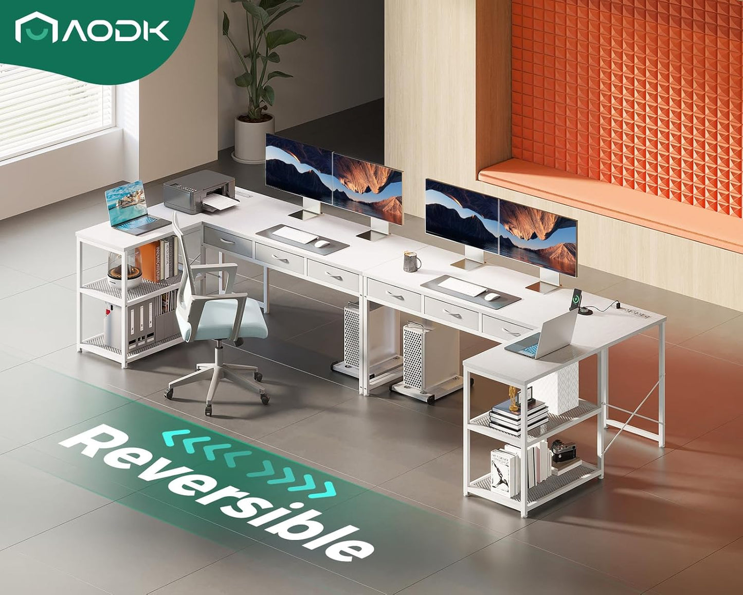 AODK 61 Inch L Shaped Computer Desk with Drawers, Corner Desk with Power Outlets & Reversible Storage Shelves, Movable CPU Stand for Home Office Gaming, White