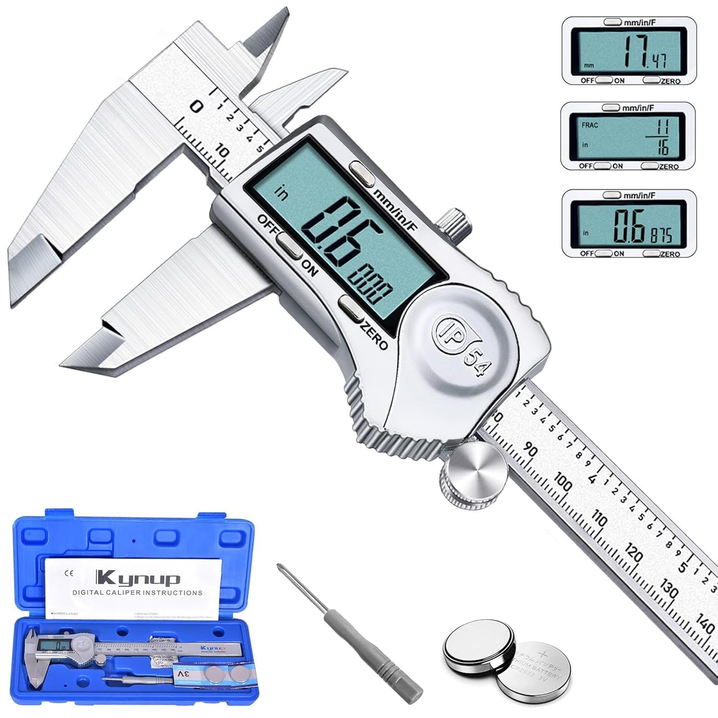 Kynup Digital Caliper, Caliper Measuring Tool Outside Micrometer, Vernier Dial Caliper, 6 Inch Caliper DIY Tool, Stainless Steel, IP54 Splash Proof, Inch Metric Fraction Switch, Large LCD Screen